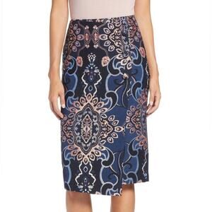 Halogen Brocade Straight Navy Faux Wrap Metallic Lined Size 12 NWT